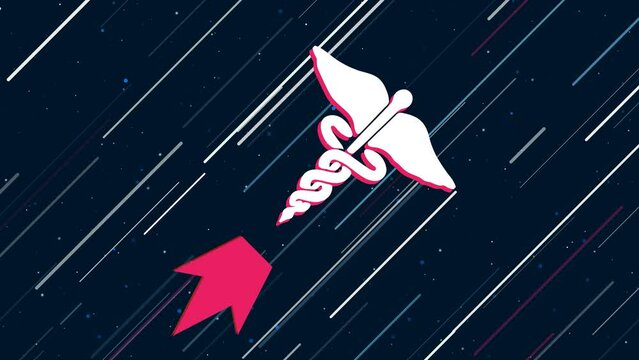 Caduceus symbol flies through the universe on a jet propulsion. The symbol in the center is shaking due to high speed. Seamless looped 4k animation on dark blue background with stars