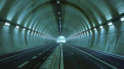 an empty, well-lit tunnel with multiple lanes, leading outside to a bright area.