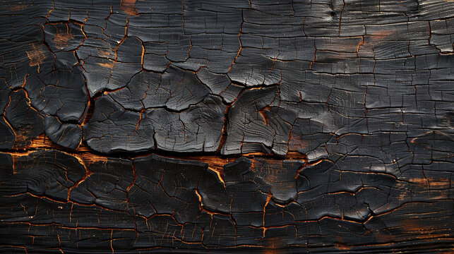 Heavily distressed coal-black burn finish on high-detail wood texture. Dark and rustic background concept for design and print