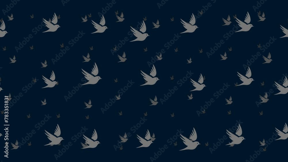 Poster bird symbols float horizontally from left to right. parallax fly effect. floating symbols are locate