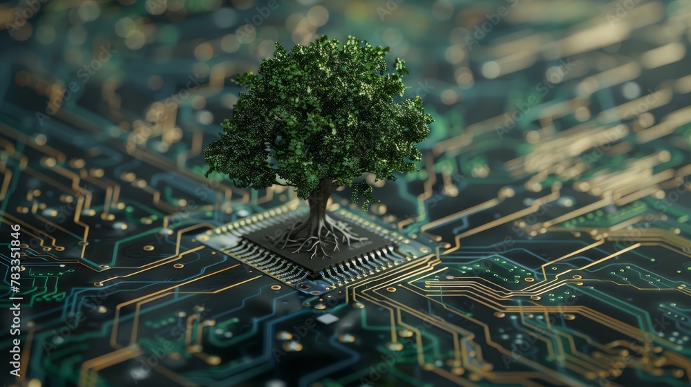 Poster a tree standing tall on top of a circuit board. perfect for illustrating the connection between natu