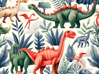 A seamless pattern showcasing various dinosaurs in a jungle setting 