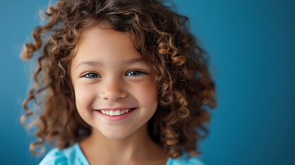 a young girl with curly hair smiling at the camera with a smile on her face and a blue background