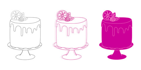 Three cakes with distinct toppings are displayed in this drawing. Cakes are artistically illustrated