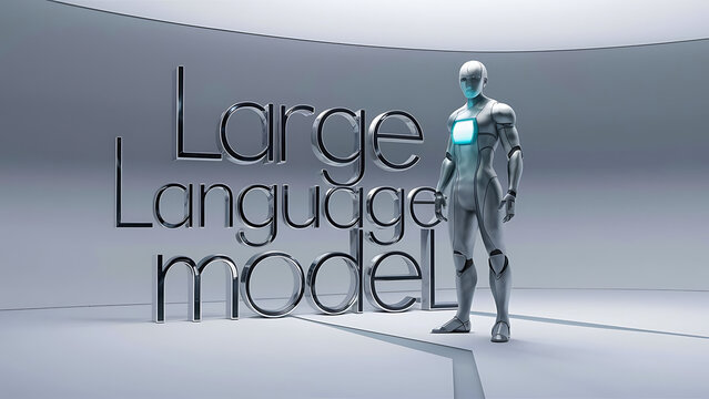 text &ldquo;Large Language Model&rdquo; on sleek, minimalist background, robot, cutting-edge AI, machine learning