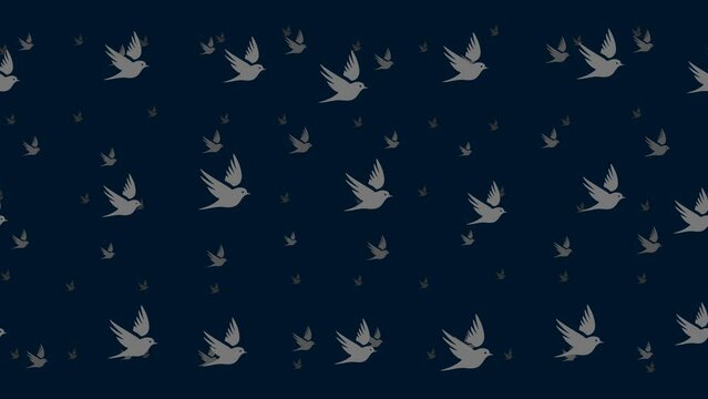 Bird symbols float horizontally from left to right. Parallax fly effect. Floating symbols are located randomly. Seamless looped 4k animation on dark blue background