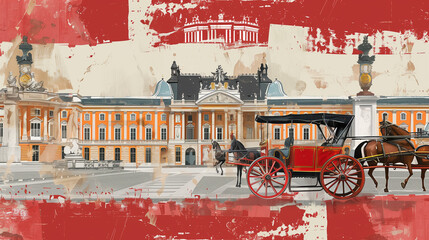 Creative Collage of the sights of Vienna, Austria: Traditional horse-drawn carriage (known as Fiacker) parked in front of the Sch?nbrunn Palace and the Austrian flag