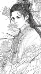 Asian inspired male immortal character, black and white line art.