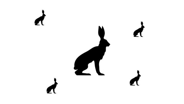 Zoom in and out animation the hare symbol. Large black symbol in the center and four small symbols around. Seamless looped 4k animation on white background