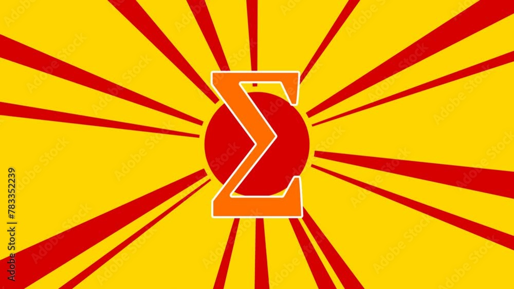Poster sigma symbol on the background of animation from moving rays of the sun. large orange symbol increas