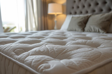 White luxury mattress on bed in bright room. Moving to new home, bedroom interior, comfort sleep concept