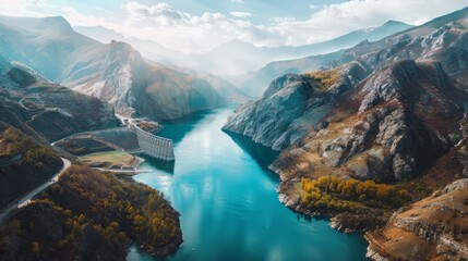 Aerial view Hydroelectric power dam at a river in mountains. hyper realistic  - obrazy, fototapety, plakaty