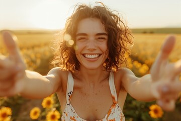 Joyful Woman in Sunflower Field at Sunset