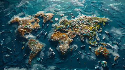Map continents earth are made up of garbage, surrounded by ocean water. Concept environmental pollution with plastic and human waste