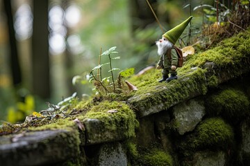 Small gnome - guardian of the forest. He walks through the forest inspecting his possessions. The fairy-tale character is encountered only by the most daring and responsible visitors to the forest. - obrazy, fototapety, plakaty