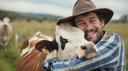 Smiling caucasian Farmer Embracing His Cow in Sunny Pasture. Concept agriculture cattle livestock farming industry.