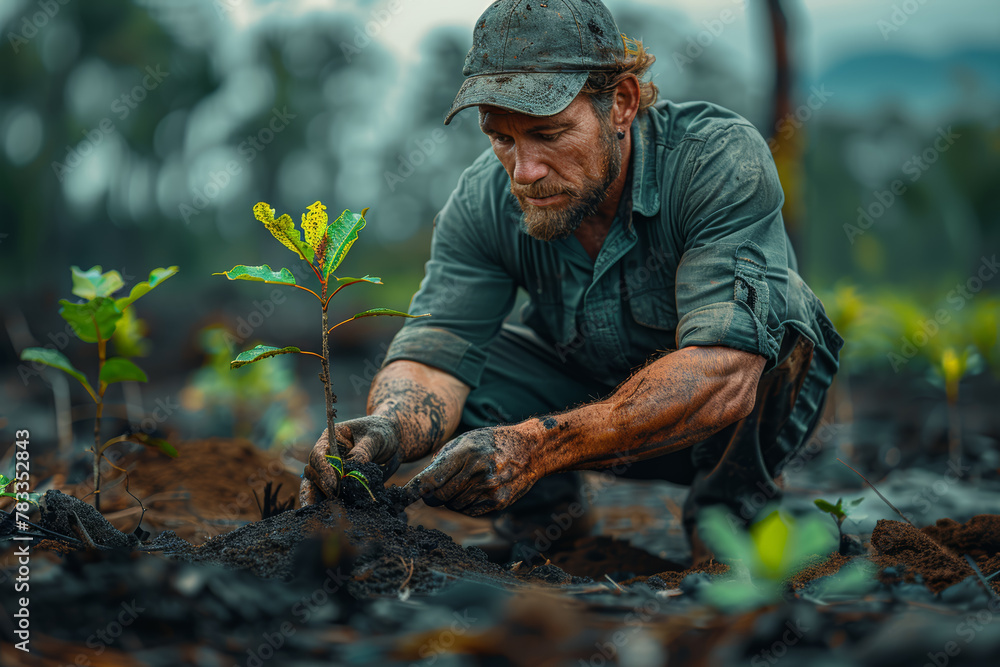 Sticker A conservationist planting trees in a deforested area, restoring habitats and combating climate change. Concept of reforestation and environmental activism. Generative Ai.