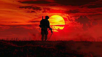 Fototapeta premium Minimalistic shot of a soldier's silhouette against a fiery sunset. 