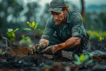 A conservationist planting trees in a deforested area, restoring habitats and combating climate...