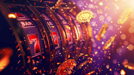 Vibrant gold Slot Machine with Bitcoin Symbols and Lucky Sevens. Concept banner for online casino using cryptocurrency in payments.