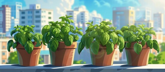 Potted plants arranged in a row on a balcony overlooking a city in the background