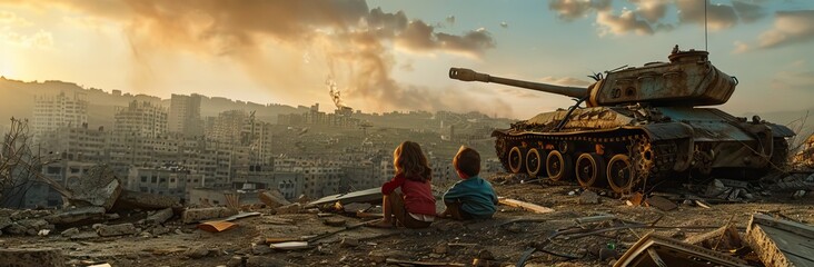 two children sitting on the ground infront of destroyed tank. AI generated illustration - obrazy, fototapety, plakaty
