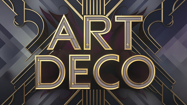 Text &ldquo;ART DECO&rdquo; grey navy blue geometric patterns, symmetrical, gold lines 