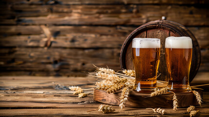 Banner background Craft Beer Assortment with Fresh Hops and Wooden Barrel in Rustic Brewery Setting.