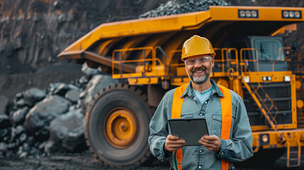 Miner worker in hard hat use computer tablet for control big yellow mining truck for coal. Concept technologies Open pit mine industry. - obrazy, fototapety, plakaty