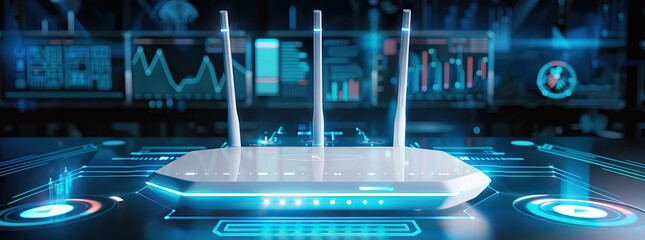 white cable is plugged into the port of Wi-Fi router, modern wireless Router with four non-removable external antennas for better search and signal transmission. AI generated illustration - obrazy, fototapety, plakaty
