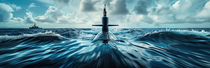 Aerial drone photo of latest technology naval armed forces submarine cruising in deep blue open ocean sea. AI generated illustration - obrazy, fototapety, plakaty