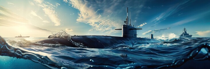 Aerial drone photo of latest technology naval armed forces submarine cruising in deep blue open ocean sea. AI generated illustration - obrazy, fototapety, plakaty