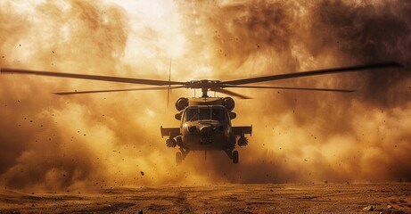 Military chopper takes off in combat and war flying into the smoke and chaos and destruction. Military concept of power, force, strength, air raid. Portrait View. AI generated illustration - obrazy, fototapety, plakaty