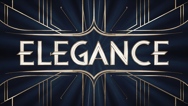 Word &ldquo;ELEGANCE&rdquo; art deco design, rich navy background and gold lines