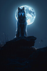 Wolf Sitting on Rock in Front of Full Moon