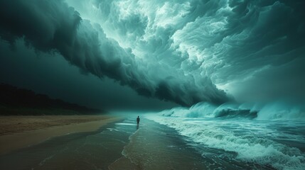 Person Facing Dramatic Storm Clouds Over Ocean. - obrazy, fototapety, plakaty