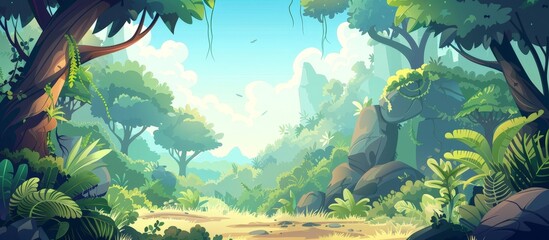 Lush cartoon jungle setting with towering trees and rugged rocks amidst the wilderness
