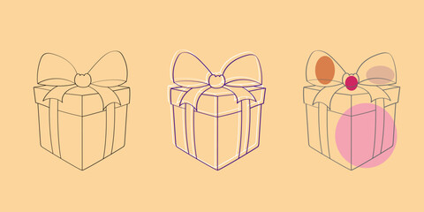 Three colorful gift boxes are displayed, each one featuring a decorative bow on top. The boxes are neatly arranged next to each other, creating a festive and joyful scene