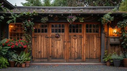 Fototapeta premium a wooden garage door with a weathered finish, adding character to a charming country-style home