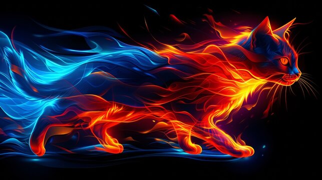 A cat that is on fire with blue and red flames. A magical creature made of fire on black background.