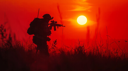 Minimalistic shot of a soldier's silhouette against a fiery sunset.