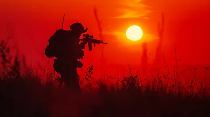Zelfklevend Fotobehang Minimalistic shot of a soldier's silhouette against a fiery sunset. © ImageHeaven