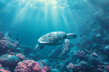 Fototapeta premium Lively image of a sea turtle gracefully swimming over a vibrant coral reef in the deep ocean