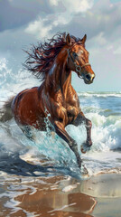 Majestic Horse Galloping Along the Beach in the Rain