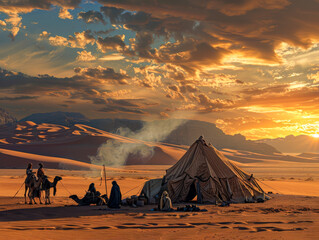 Nomadic Tribe Setting Up Camp at Sunset in Desert