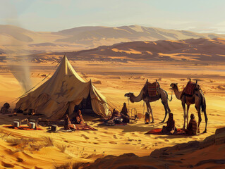 Nomadic Tribe Setting Up Camp in Desert Landscape