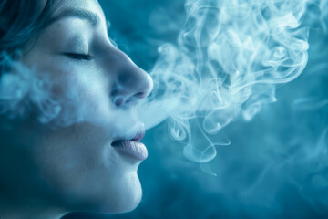 Serene Woman Inhaling Aromatic Vapor in Blue Hues