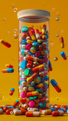 Colorful Assorted Capsules in Clear Bottle Against Yellow Background