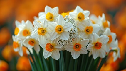   A bouquet of white and yellow daffodils against an orange and yellow tulip backdrop