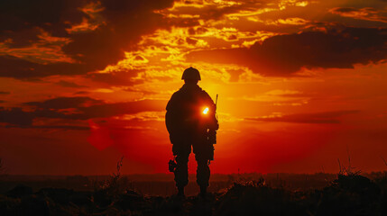 Minimalistic shot of a soldier's silhouette against a fiery sunset.